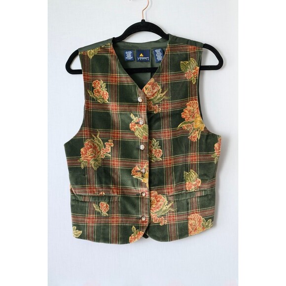 Liz Sport Tops - Vintage Lizsport Petite Green Floral Plaid velvet Vest Cottagecore Goblincore S